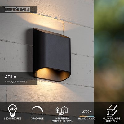 Lucide ATILA - Applique murale Intérieur/Extérieur - LED Dim. - 2x5W 2700K - IP65 - Noir